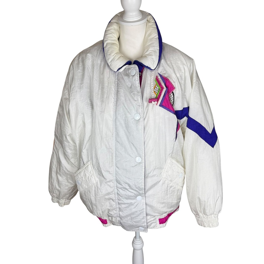 Izzi Vintage 90s Colorblock Ski Jacket White Purple Pink Large Retro Bomber
